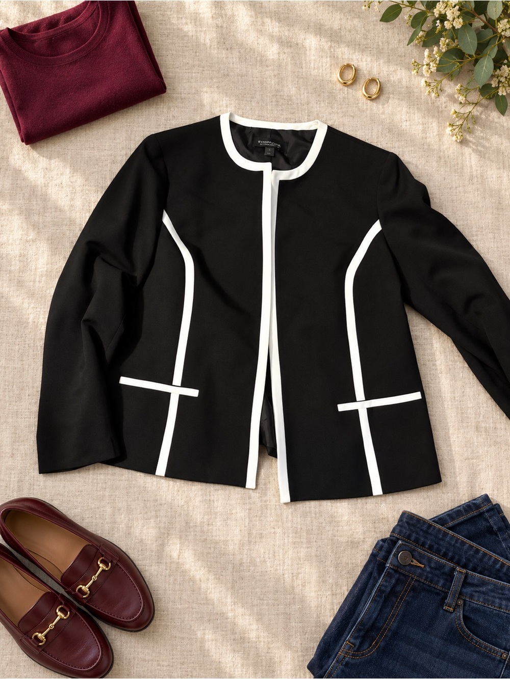 Evan Picone Black Label Blazer Womens 16 Black White Trim Collarless Jacket